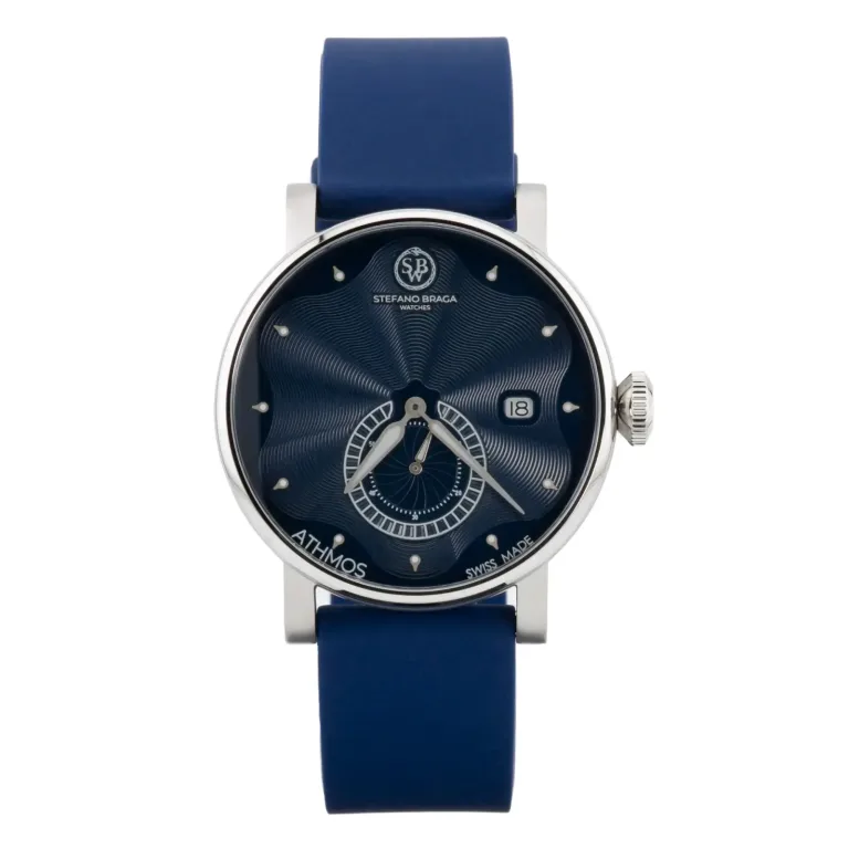 Blue silicone strap watch by Stefano Braga featuring a textured navy dial, date indicator, and Swiss craftsmanship.